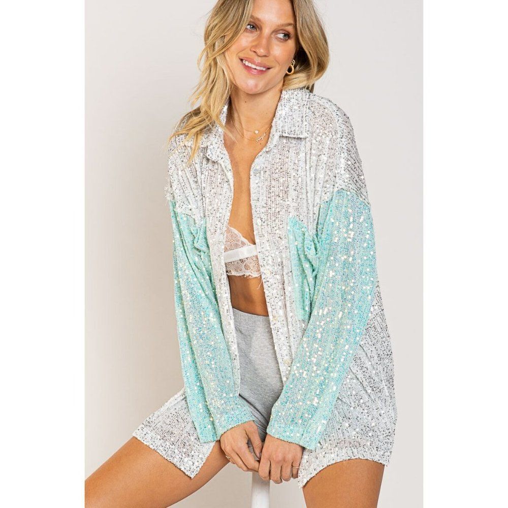 POL CLOTHING Sparkly Sequin Button Up Top White Aqua New Colorblock SMT2041